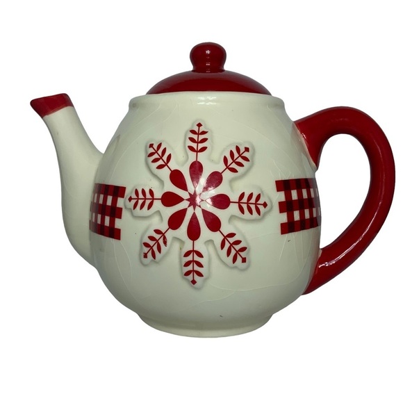 Teapot Folk Art Winter Gingham Buffalo Check Plaid Christmas Retired Red White - Picture 12 of 13